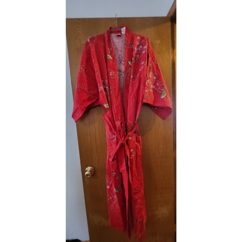 SMITHSONIAN Red Cotton Japanese Kimono Robe Cherry Blossoms Birds Size M EUC